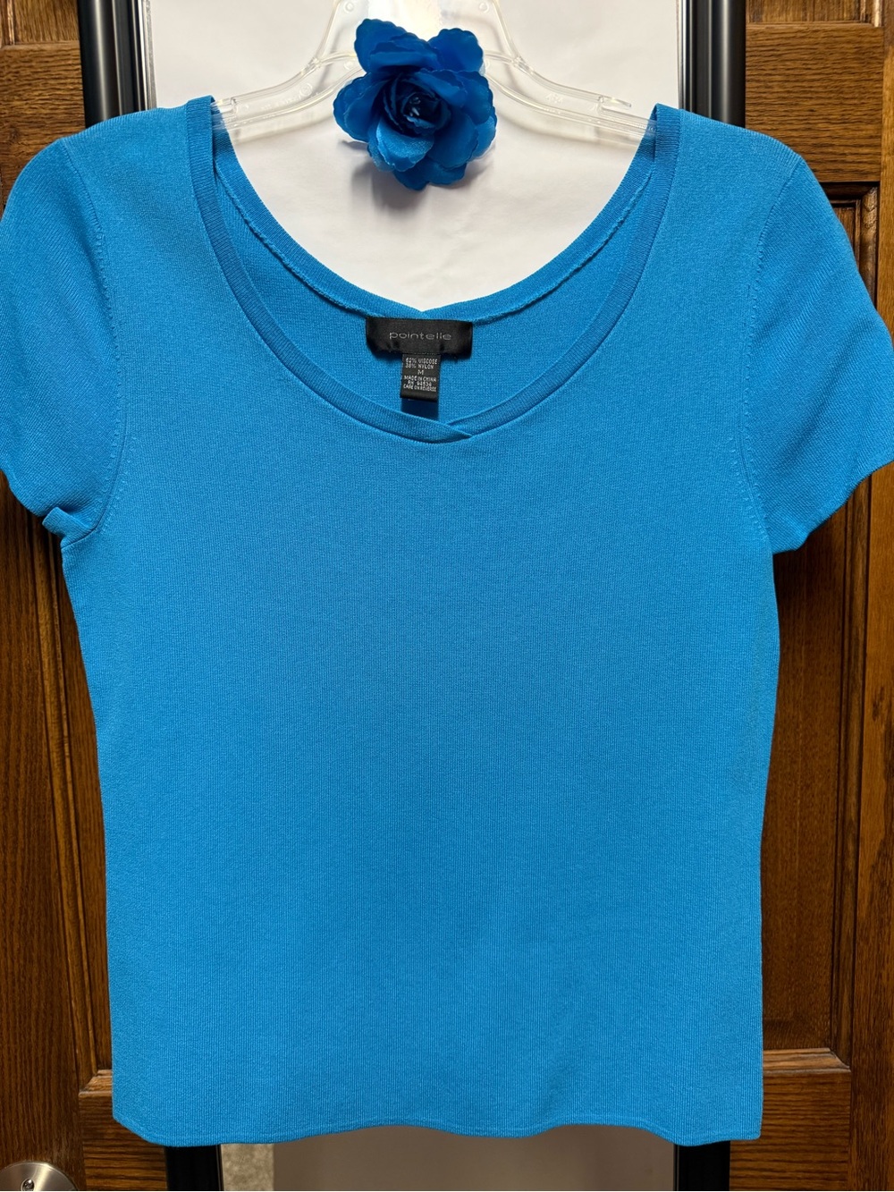 Pointelle Scoop Neck Stretch Knit Turquoise Blue Shirt with silk flower pin